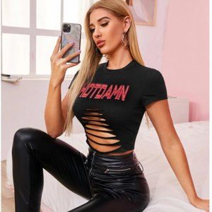 NWOT - Letter Graphic Laddering Cutout Front Crop